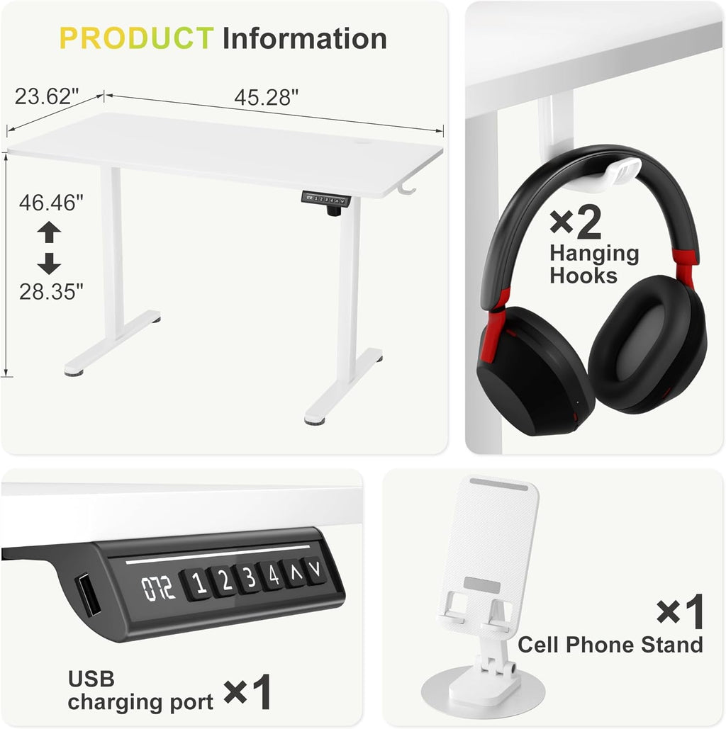 White electric standing desk with adjustable height steel frame and spacious eco-friendly desktop. — view 4