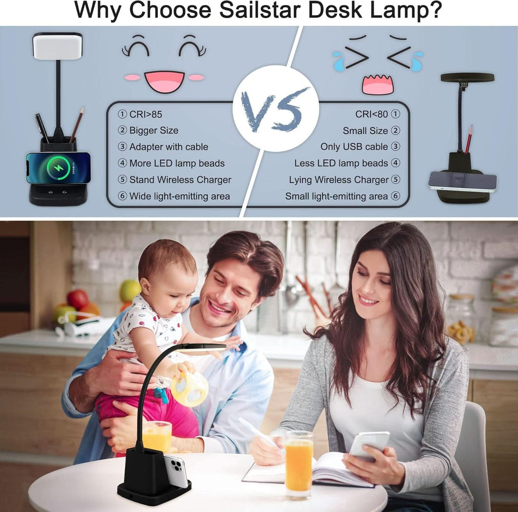 Black LED desk lamp with wireless charger base, pen holder, and flexible gooseneck. — view 4
