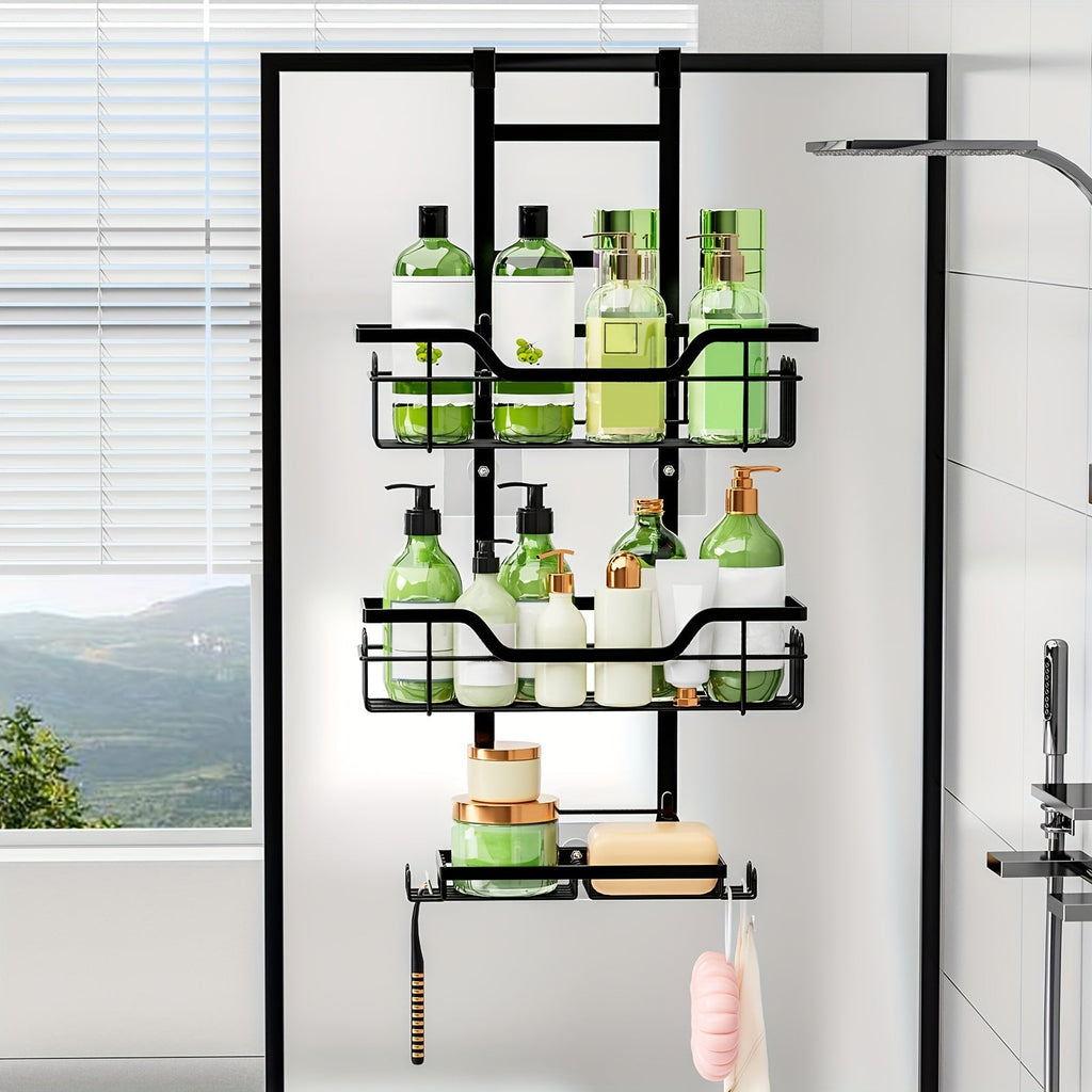Black cast iron 3-tier over the door bathroom shower caddy with built-in soap holder — view 2