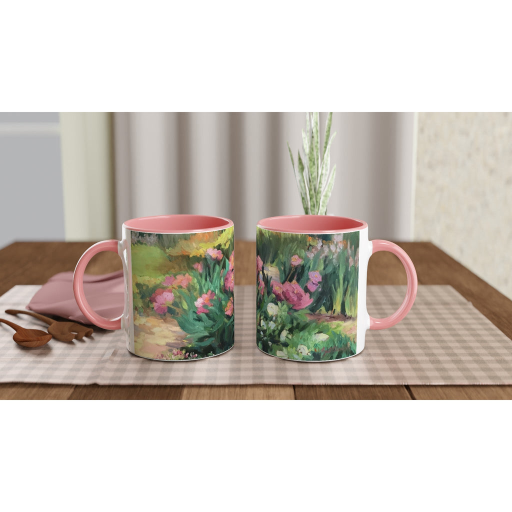 11oz White Ceramic Mug with Color Inside | Coffee Cup with 'Garden Peonies' Floral Artwork by American Artist Barbara Cleary-3
