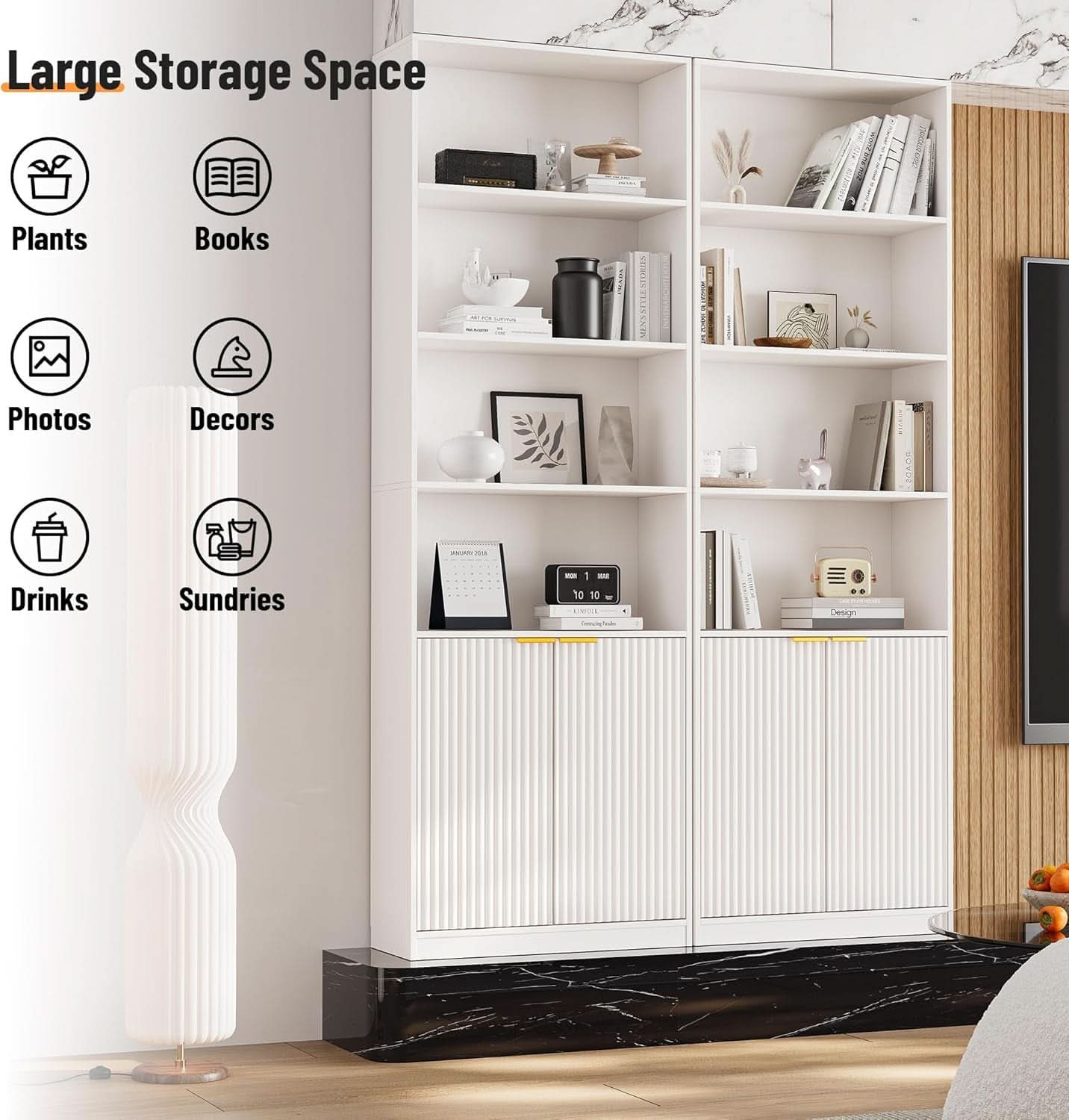 72 inch tall contemporary bookcase with 7 tier shelving and enclosed bottom storage cabinet doors — view 3