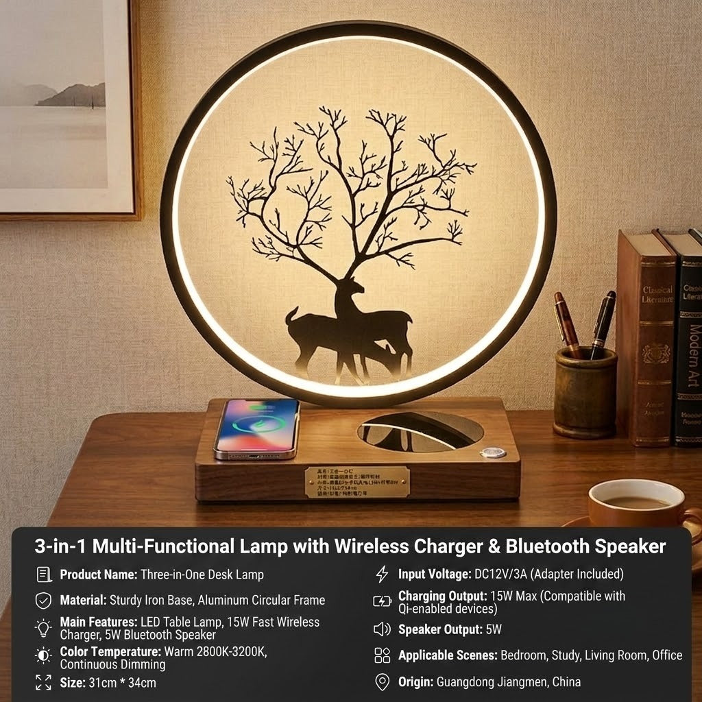 3-in-1 LED bedside desk lamp with built-in wireless charging pad and audio speaker. — view 5