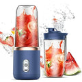 Portable electric juicer blender in blue with stainless steel blades and a 300ml capacity
