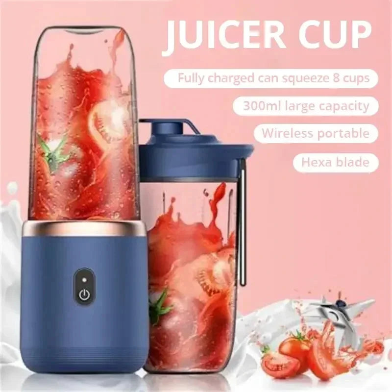 Portable electric juicer blender in blue with stainless steel blades and a 300ml capacity — view 2