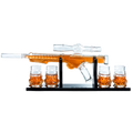 Glass blaster force gun whiskey decanter set with four glasses on a mahogany wood display base