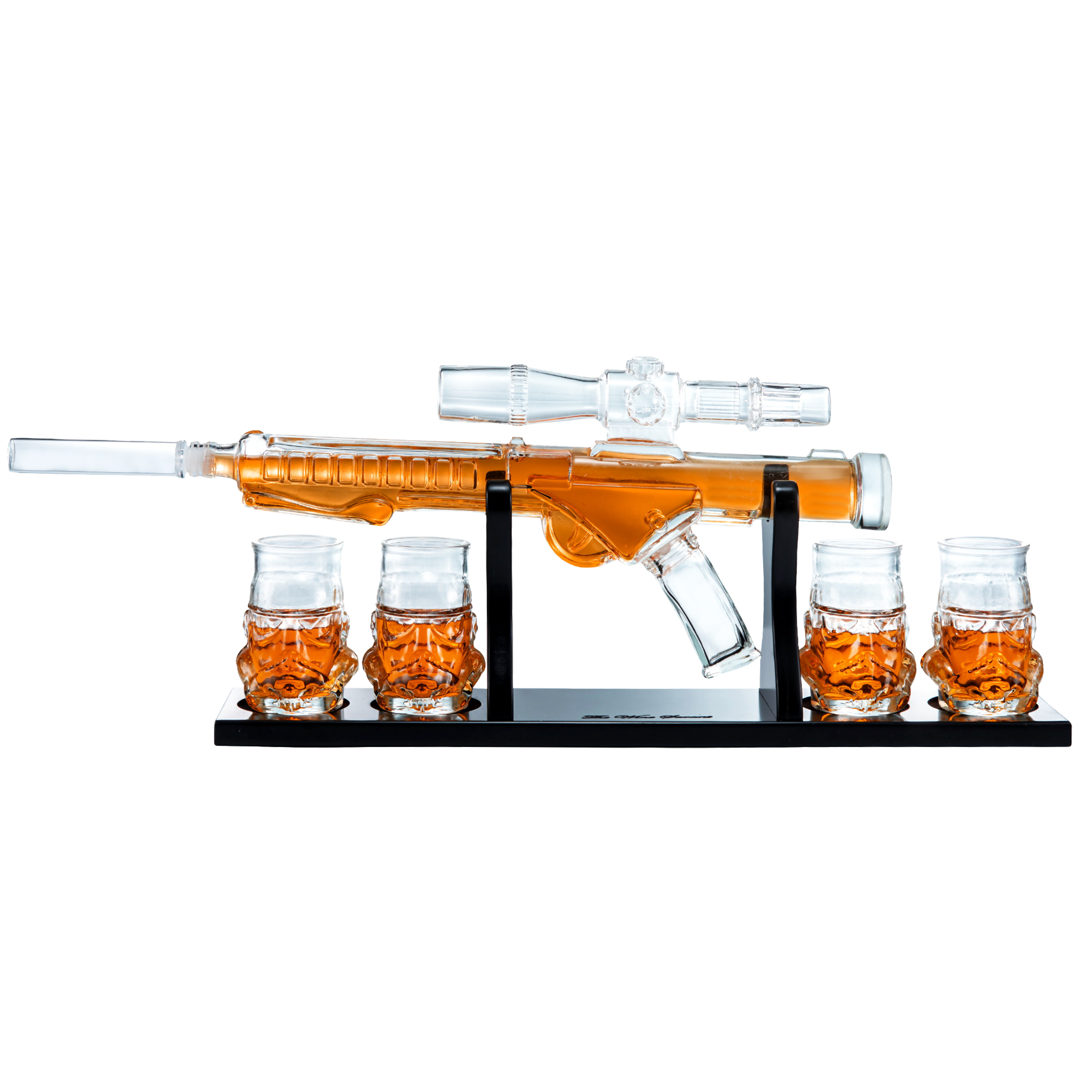 Glass blaster force gun whiskey decanter set with four glasses on a mahogany wood display base