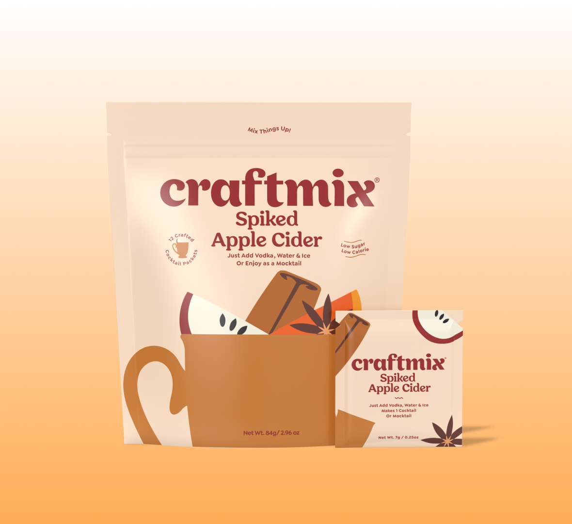 Craftmix spiked apple cider cocktail mix packets with fresh apples and warm autumn spices.