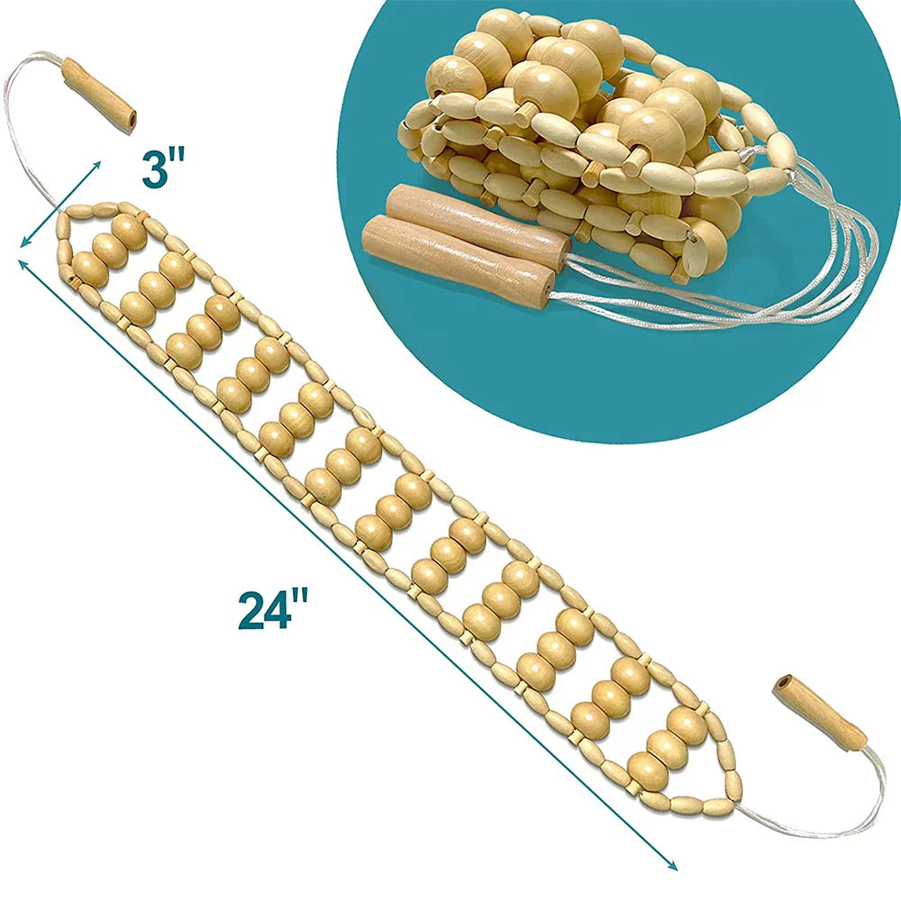 Handmade wooden back massage roller with 36 large brown beads and strong durable nylon rope — view 4