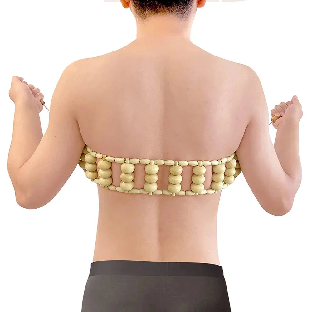 Handmade wooden back massage roller with 36 large brown beads and strong durable nylon rope — view 2