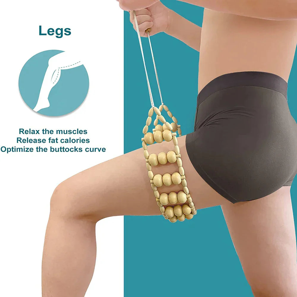 Handmade wooden back massage roller with 36 large brown beads and strong durable nylon rope — view 5