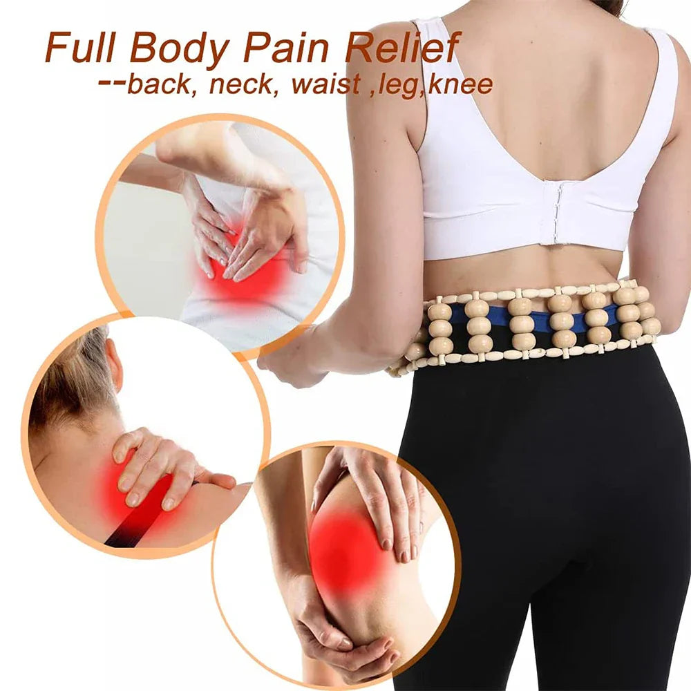 Handmade wooden back massage roller with 36 large brown beads and strong durable nylon rope — view 3