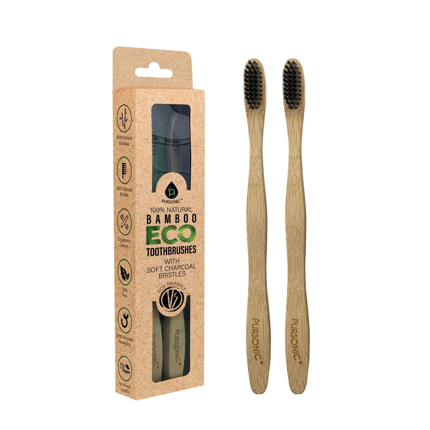 Two natural bamboo toothbrushes with bristles, packaged in sustainable recycled materials for daily oral care