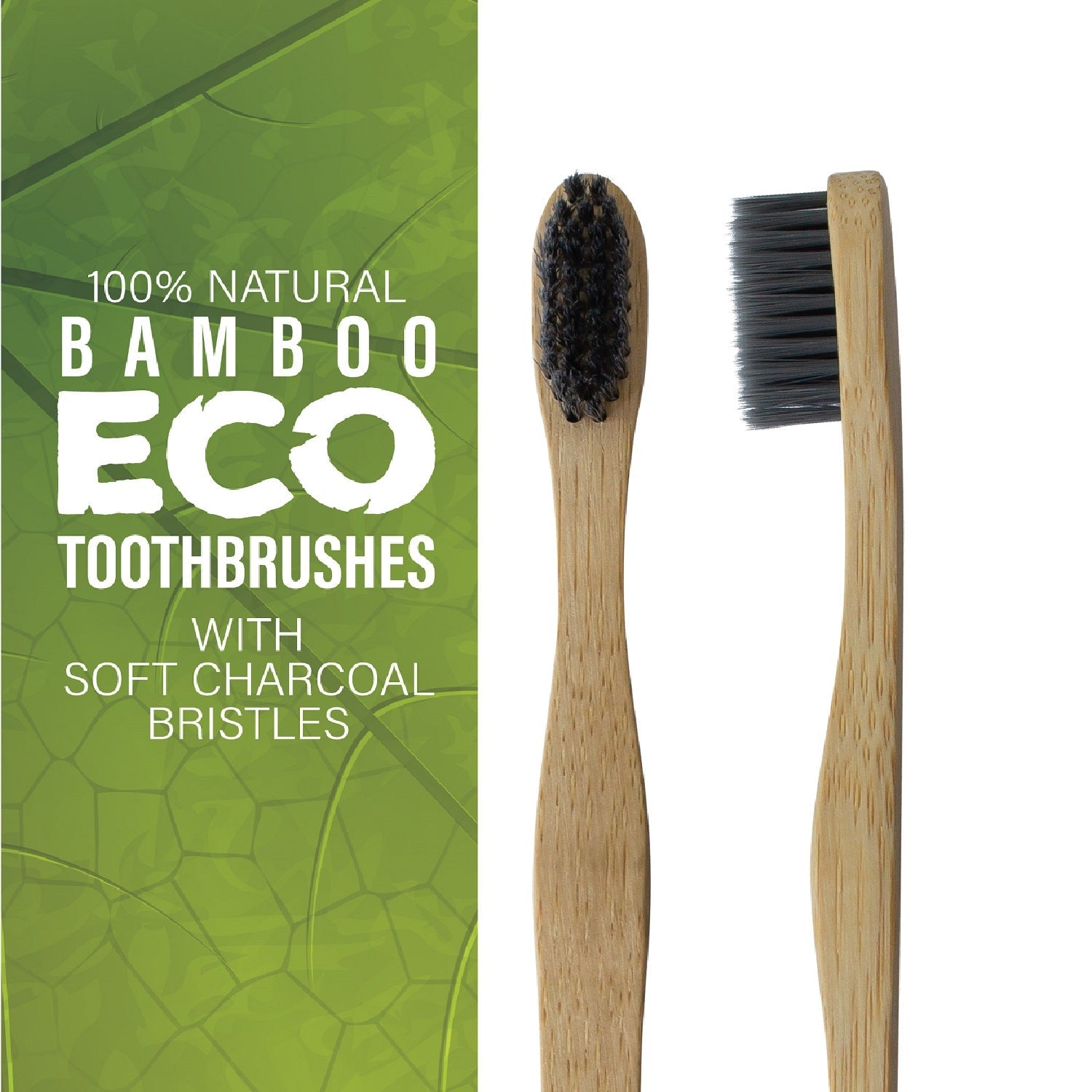 Two natural bamboo toothbrushes with bristles, packaged in sustainable recycled materials for daily oral care — view 2