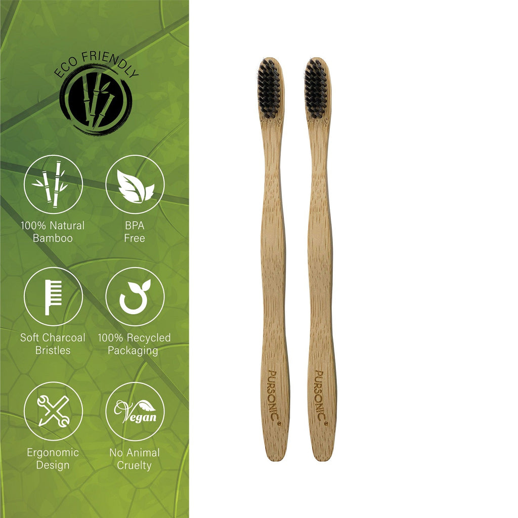 Two natural bamboo toothbrushes with bristles, packaged in sustainable recycled materials for daily oral care — view 4
