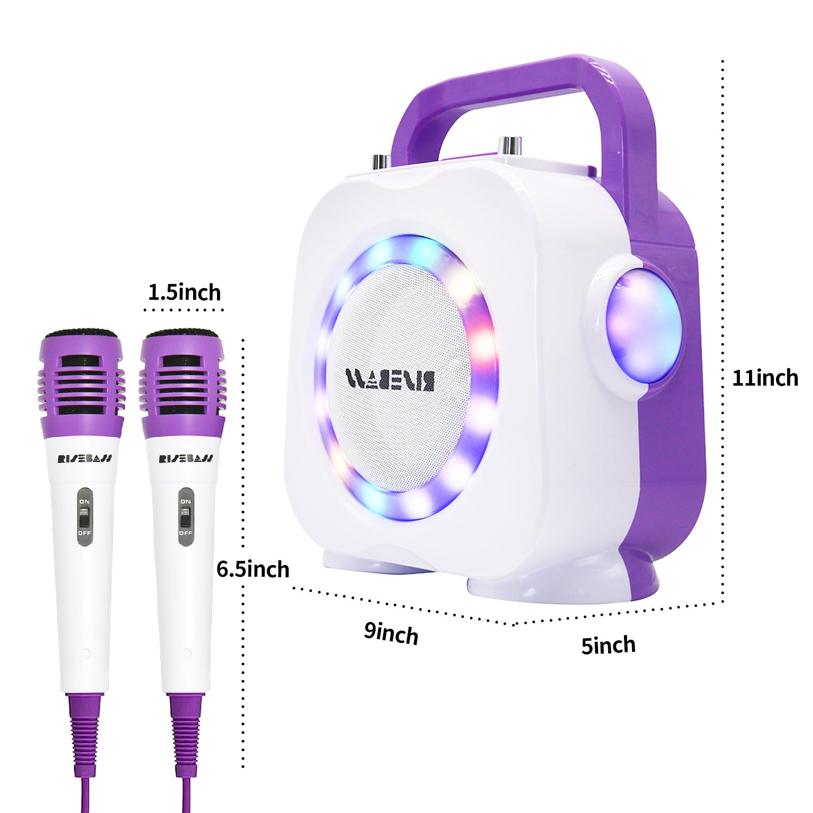 Purple kids Bluetooth karaoke machine with two wired microphones and colorful built in LED lighting effects — view 4