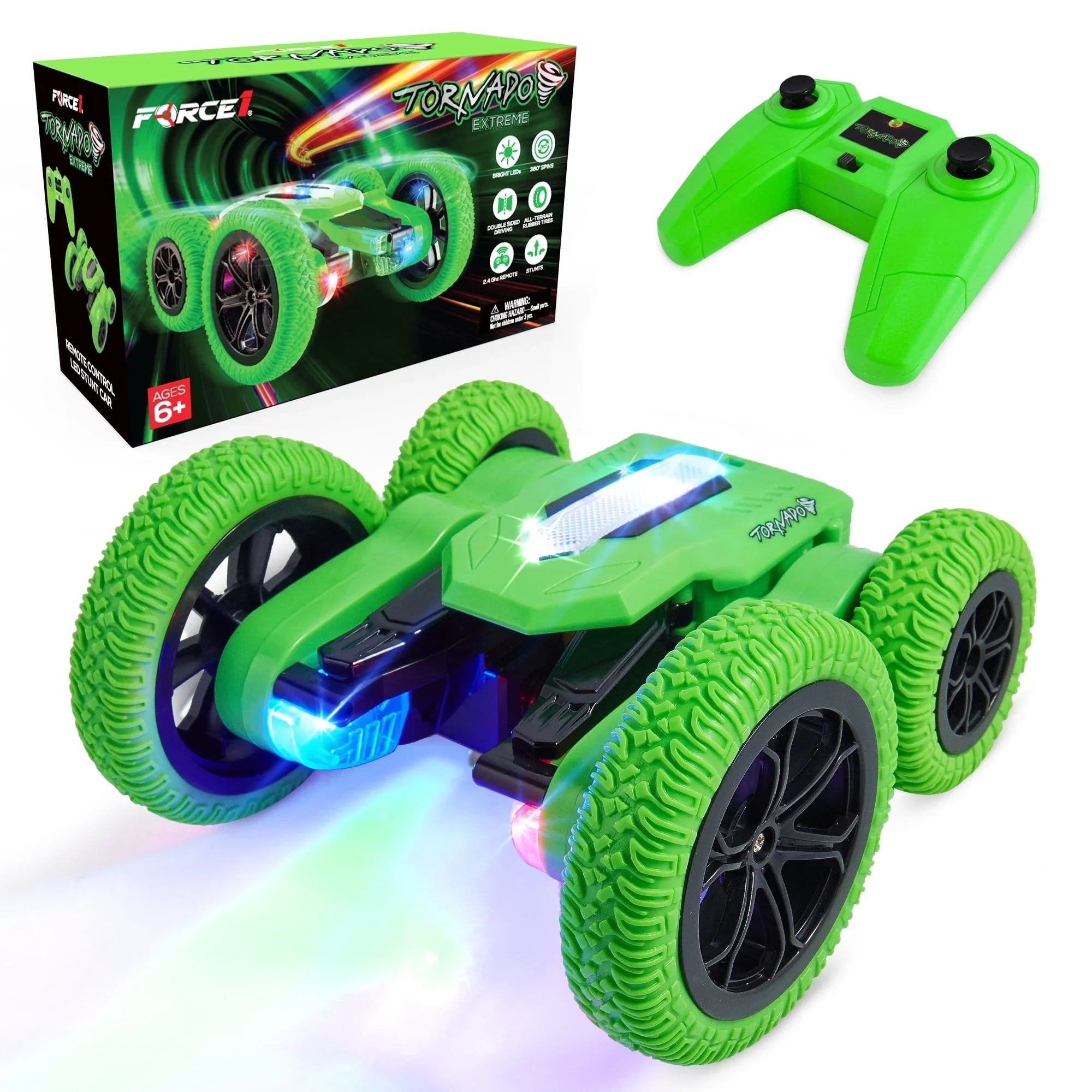 Force1 Tornado Extreme remote control car in green with rugged off-road rubber tires and bright LEDs
