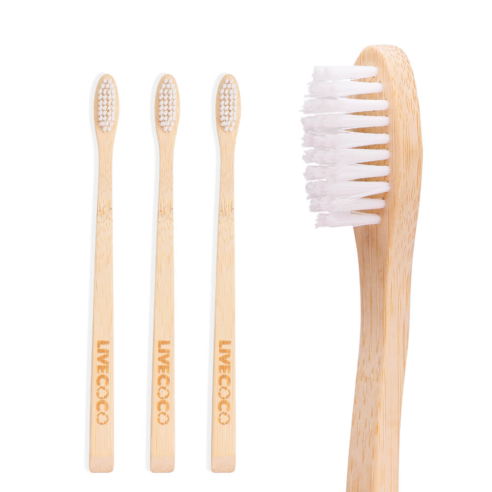 Three pack of natural bamboo toothbrushes with compostable bristles for eco-friendly daily oral care