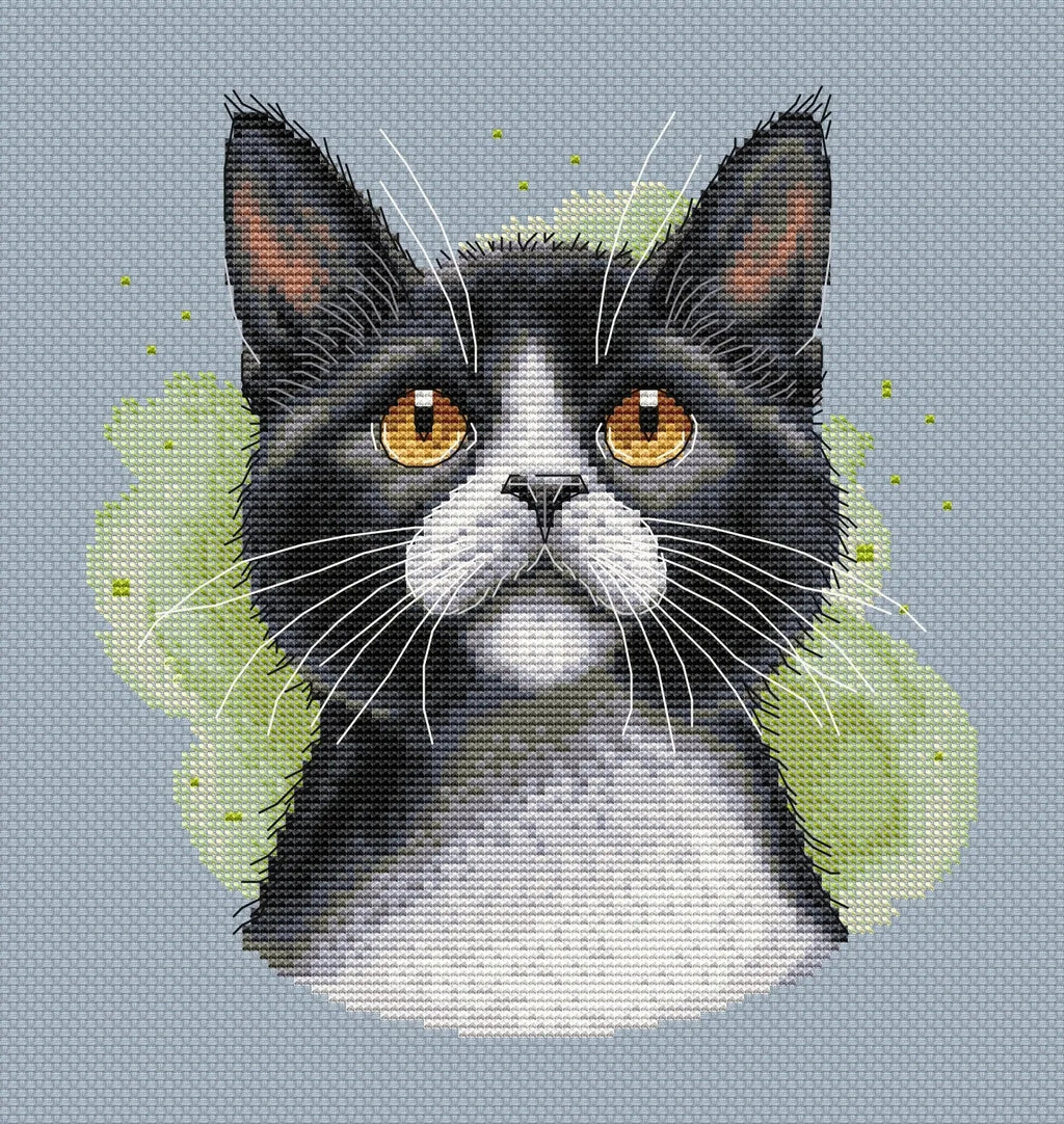 Tuxedo cat cross stitch pattern design featuring a black and white kitten portrait — view 5