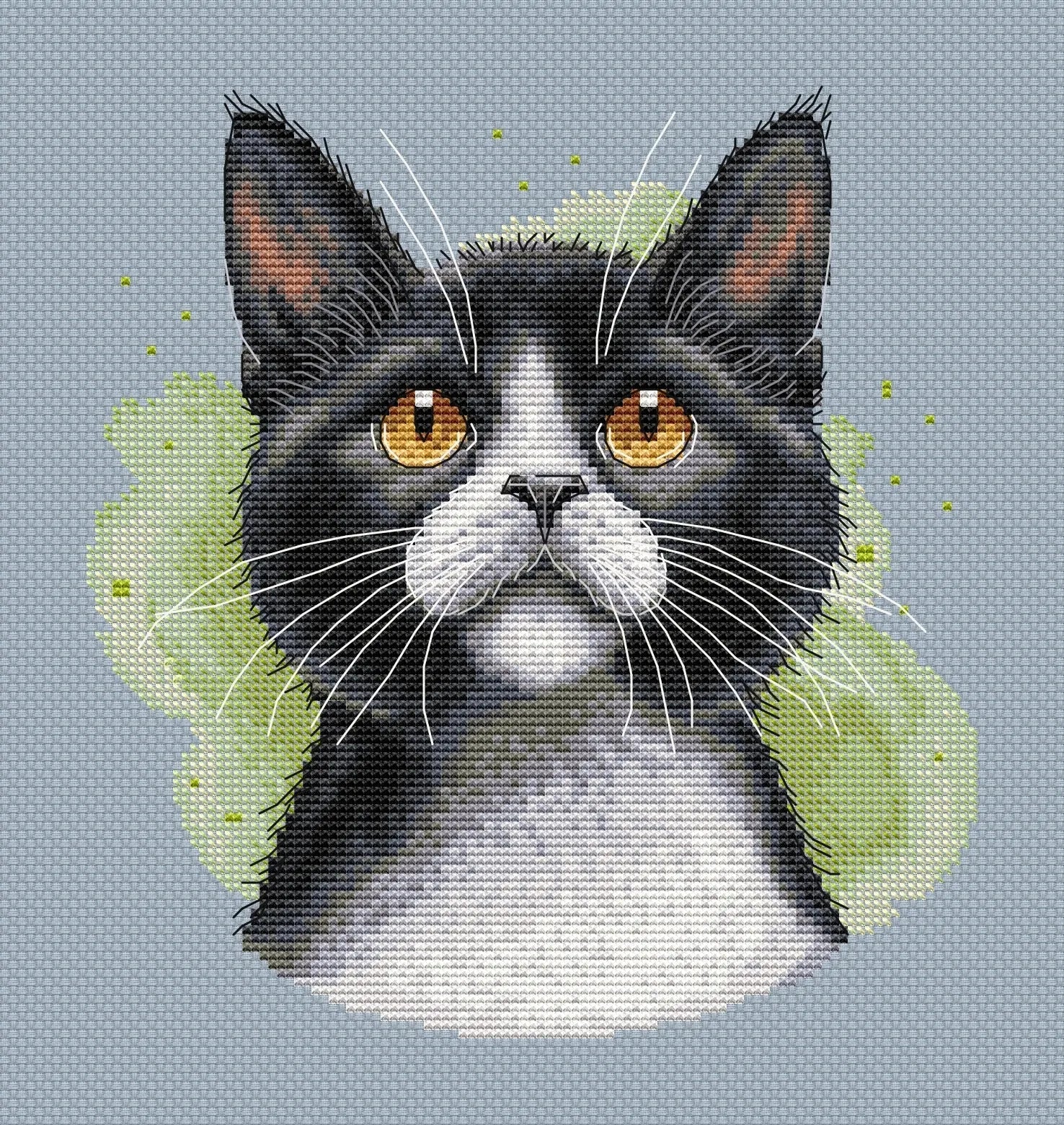 Tuxedo cat cross stitch pattern design featuring a black and white kitten portrait — view 5