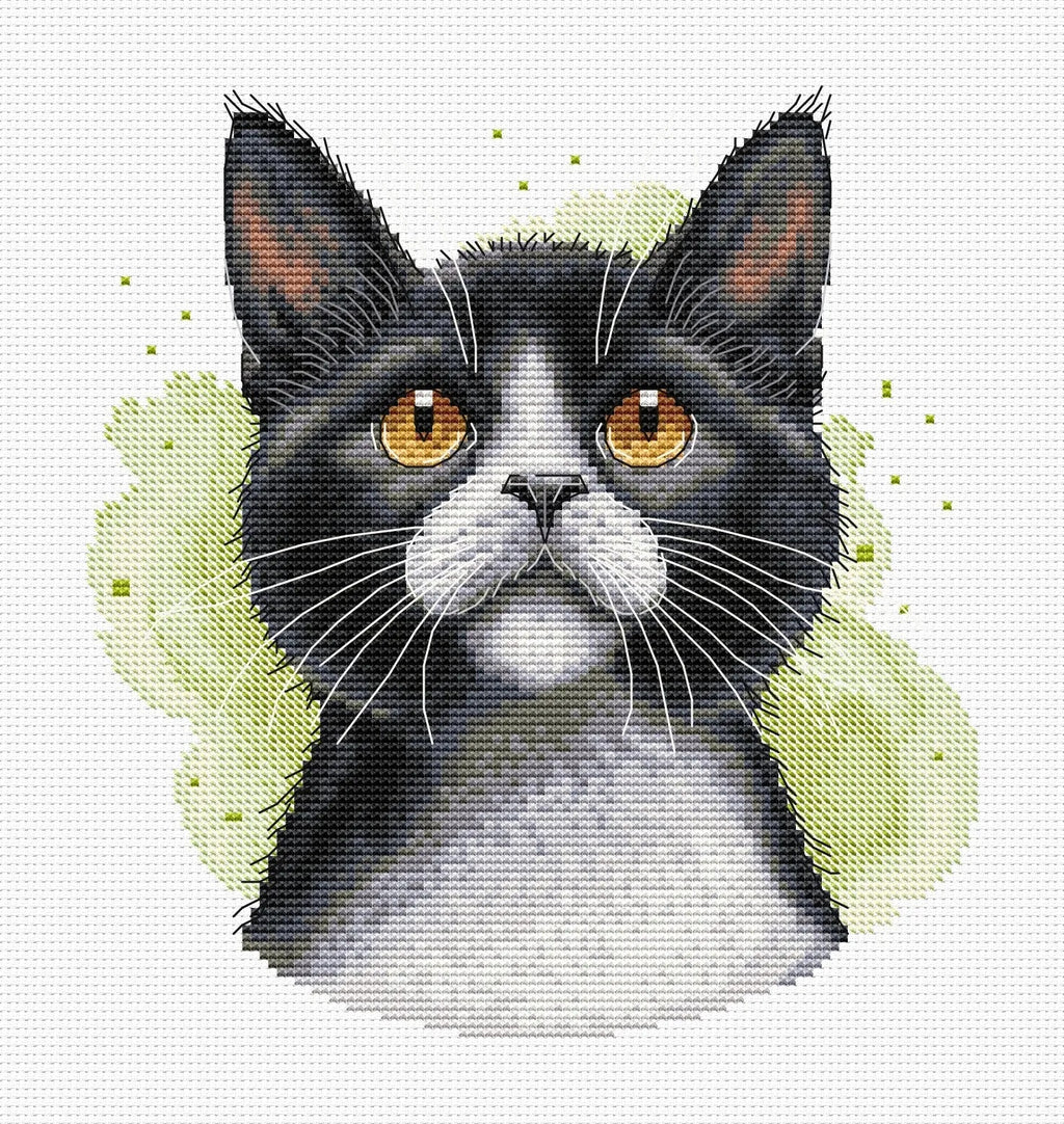 Tuxedo cat cross stitch pattern design featuring a black and white kitten portrait — view 4