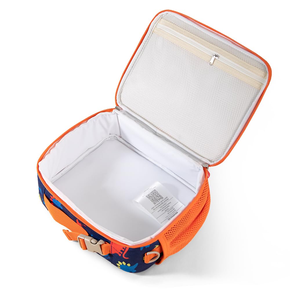 Kids lunch box cooler bag in blue dinosaur design with zippered pockets and water bottle holder — view 4