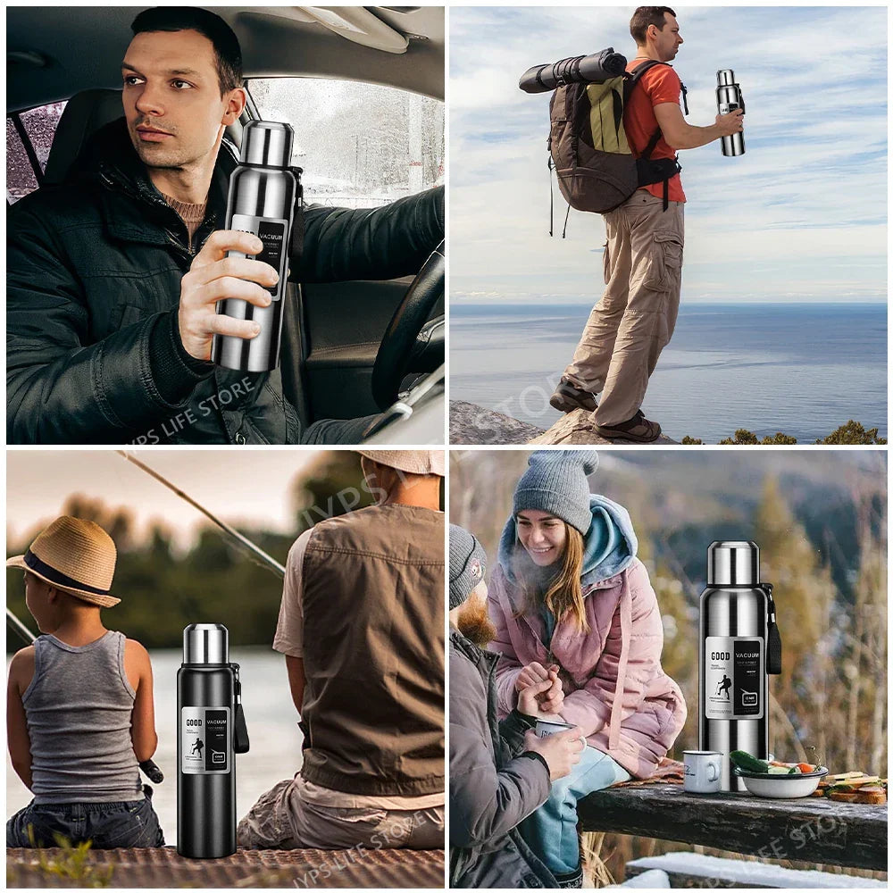 Silver 1000ML stainless steel thermos sport vacuum flask with leak-proof screw-top lid — view 5