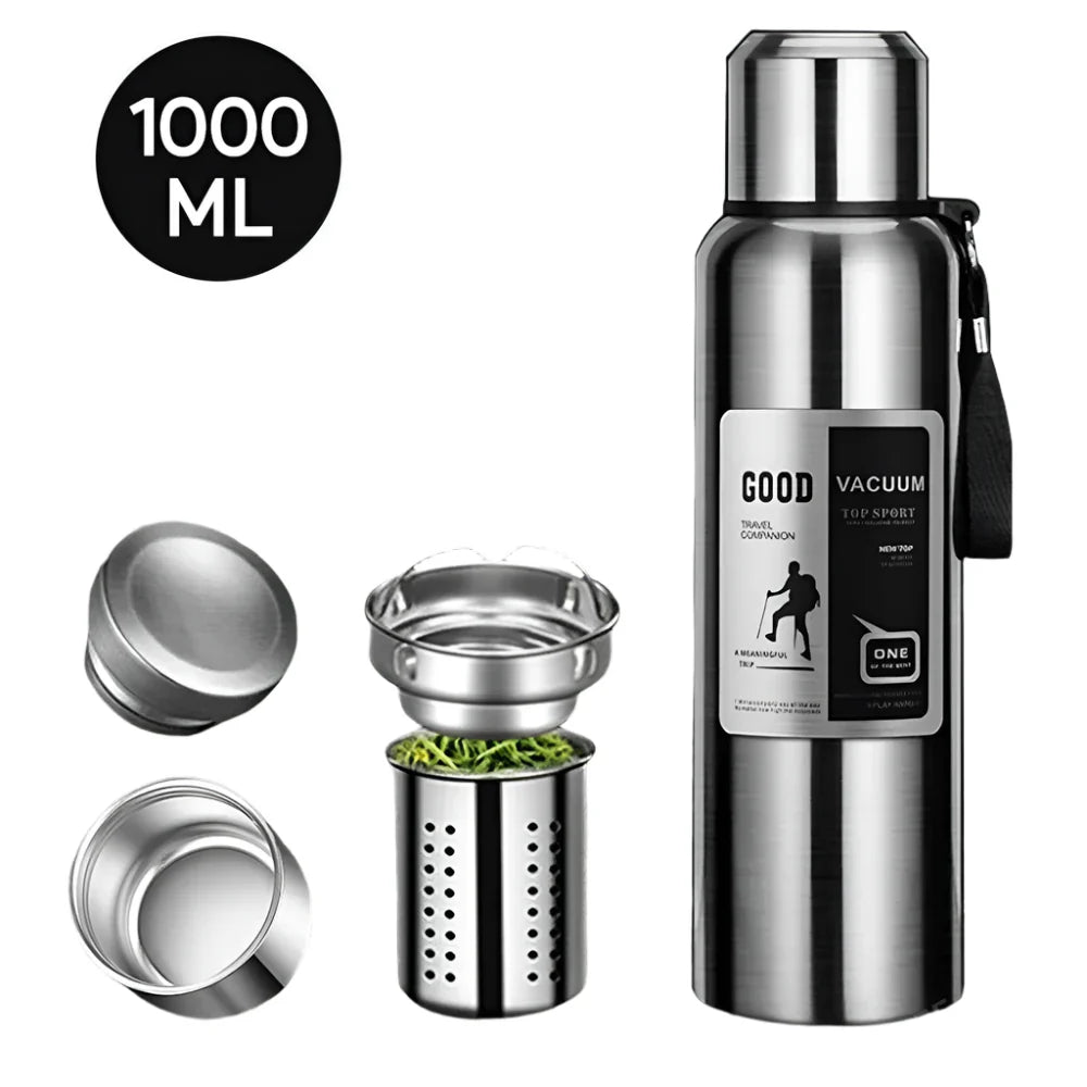 Silver 1000ML stainless steel thermos sport vacuum flask with leak-proof screw-top lid