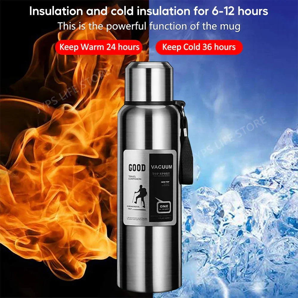 Silver 1000ML stainless steel thermos sport vacuum flask with leak-proof screw-top lid — view 3