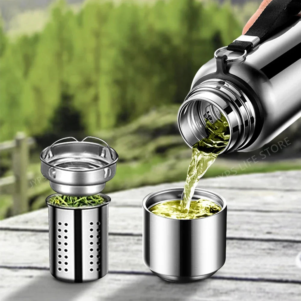 Silver 1000ML stainless steel thermos sport vacuum flask with leak-proof screw-top lid — view 2