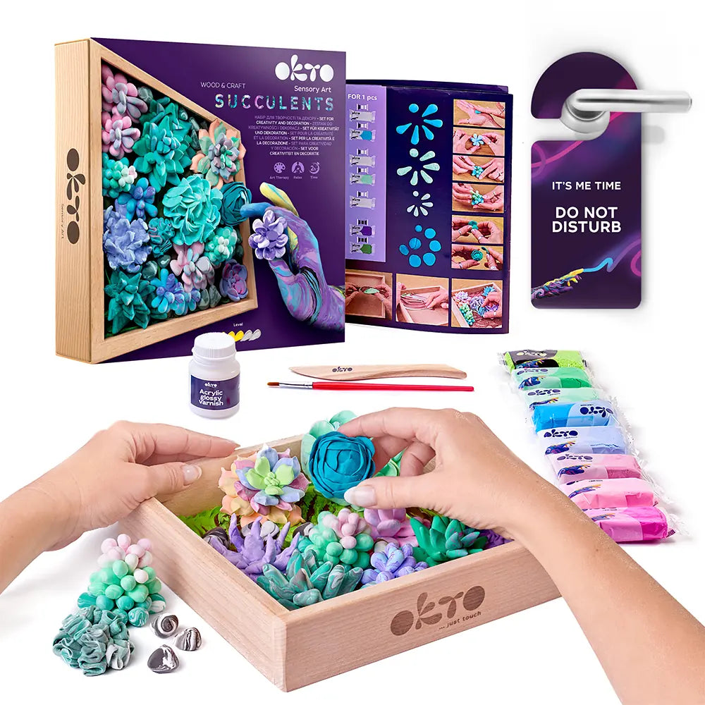 DIY air clay succulents craft kit featuring pastel clay modeling tools and sturdy wood base