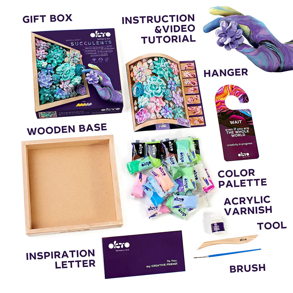 DIY air clay succulents craft kit featuring pastel clay modeling tools and sturdy wood base — view 2