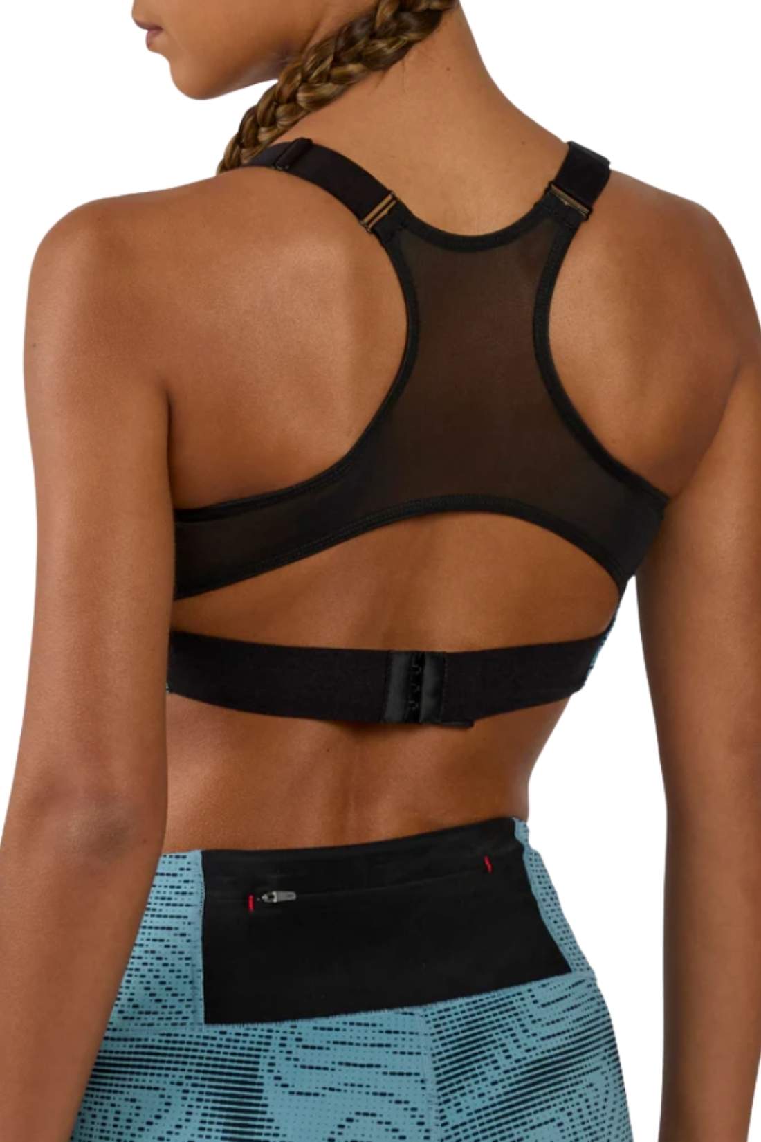 Light blue patterned nylon women's running sports bra with adjustable straps and rowing style back — view 5