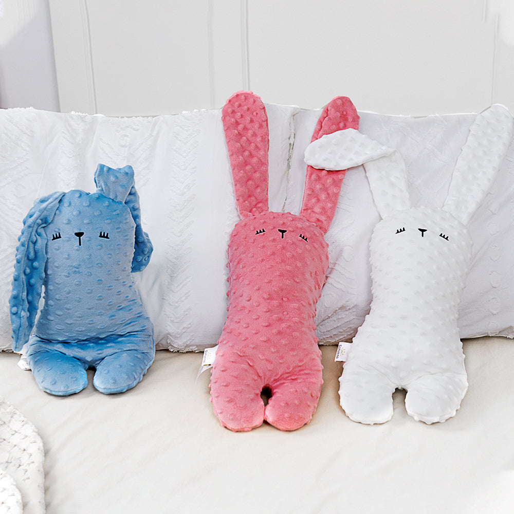 Bunny shaped soft toy pillow made of textured minky fabric for baby nursery decor — view 2