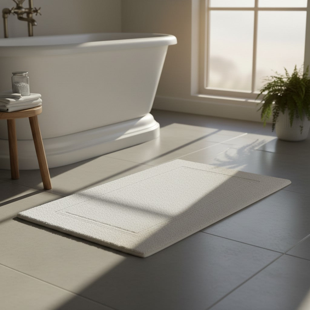 100 percent cotton tufted bath rug with a vintage fringe texture on a bathroom floor — view 3