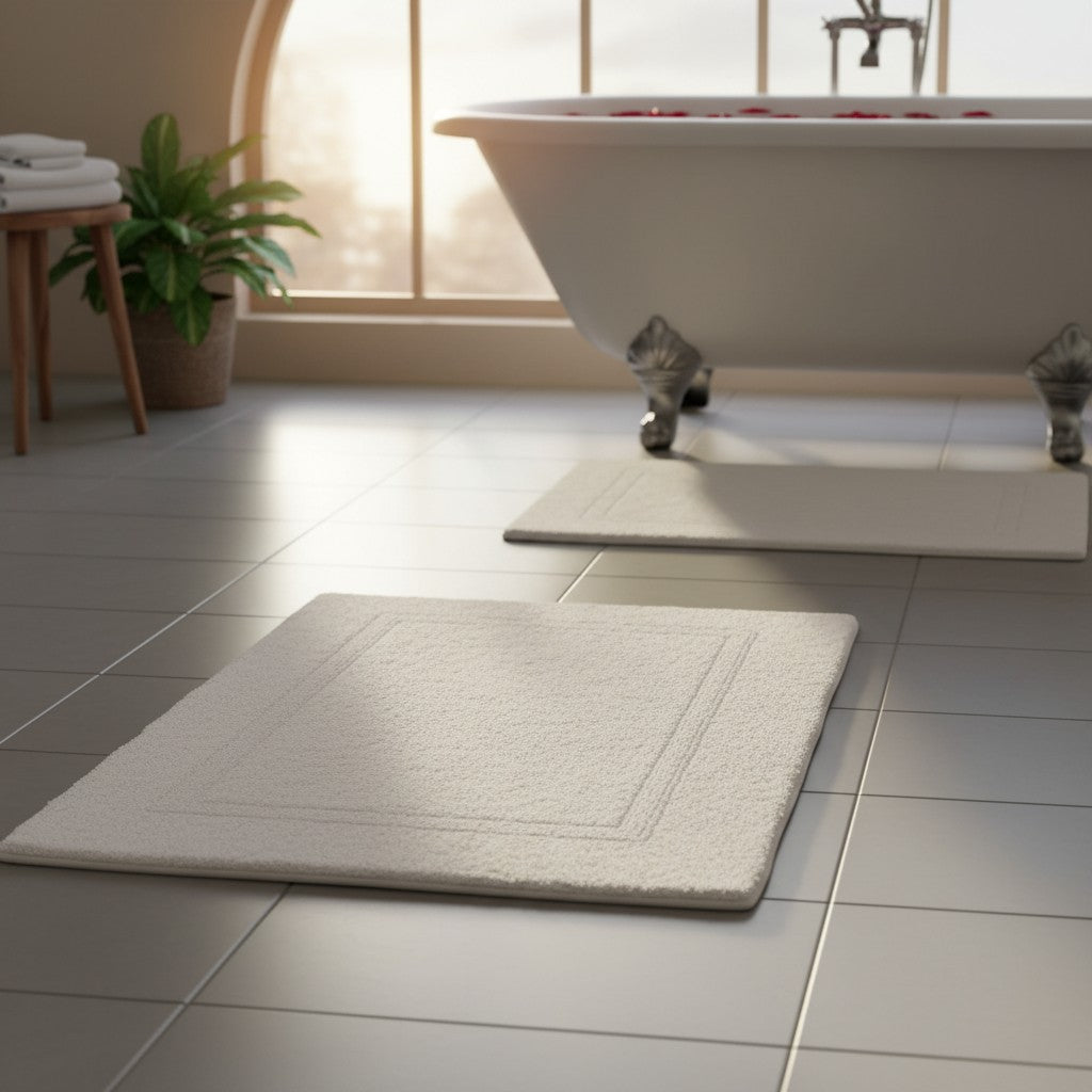 100 percent cotton tufted bath rug with a vintage fringe texture on a bathroom floor — view 4