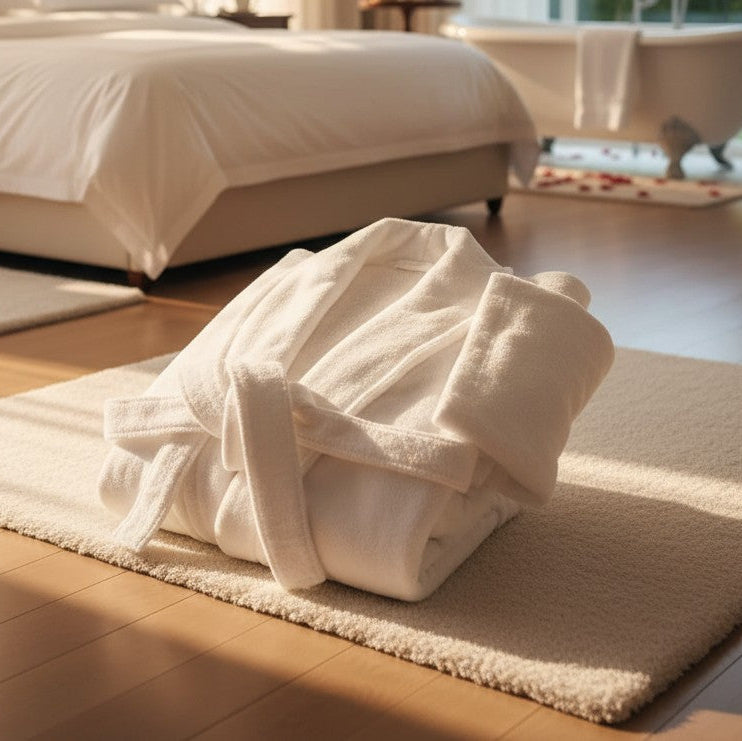 Plush white sheared velour 100% ringspun cotton bathrobe in elegant kimono and shawl collar styles