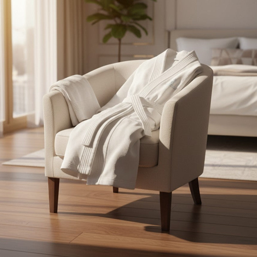 Plush white sheared velour 100% ringspun cotton bathrobe in elegant kimono and shawl collar styles — view 3