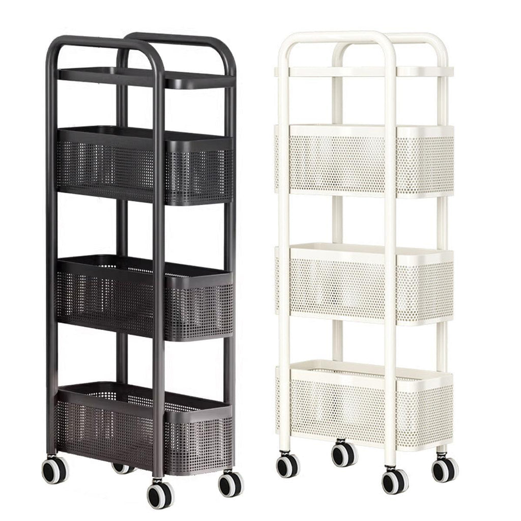 Three-tier slim metal storage trolley with smooth-rolling wheels and perforated baskets for tight spaces. — view 2