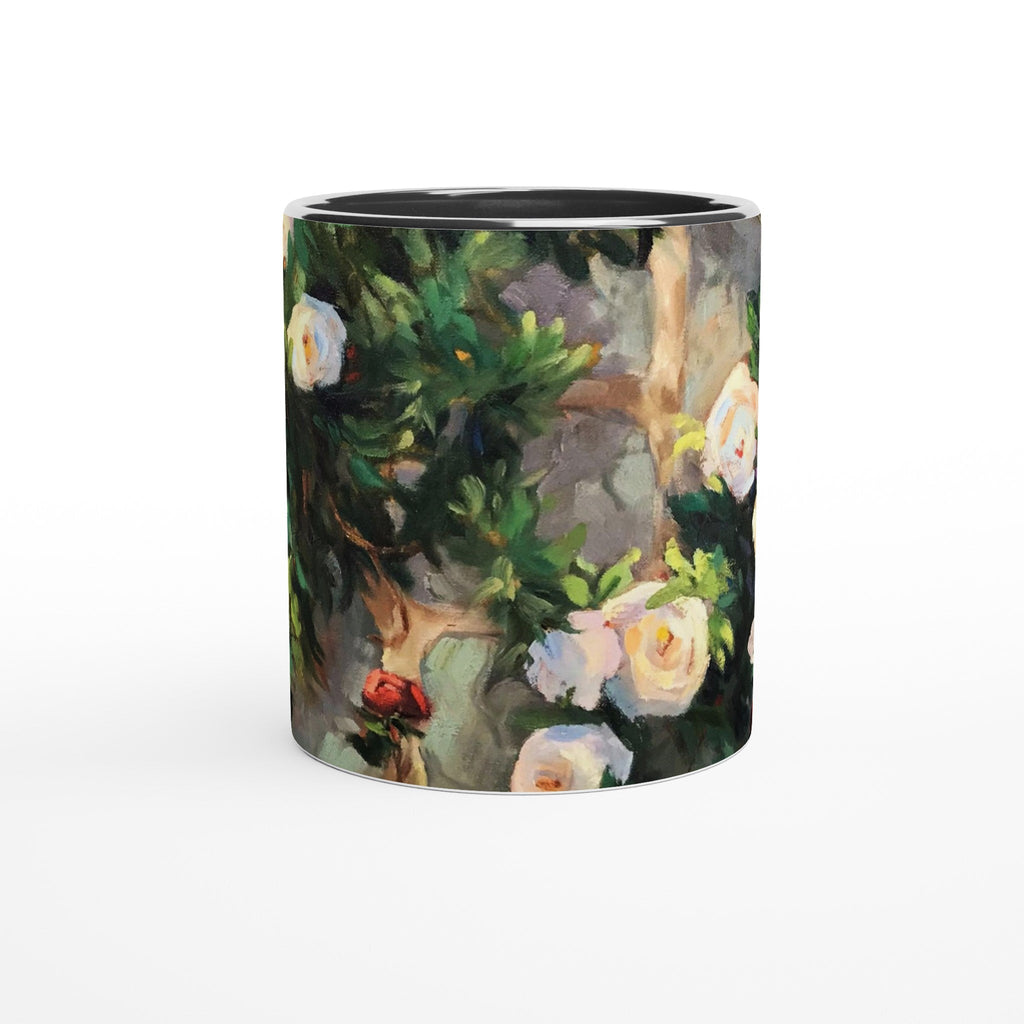 11oz White Ceramic Mug with Color Inside | Coffee Cup with 'Vining White Roses' Floral Artwork by American Artist Barbara Cleary-1