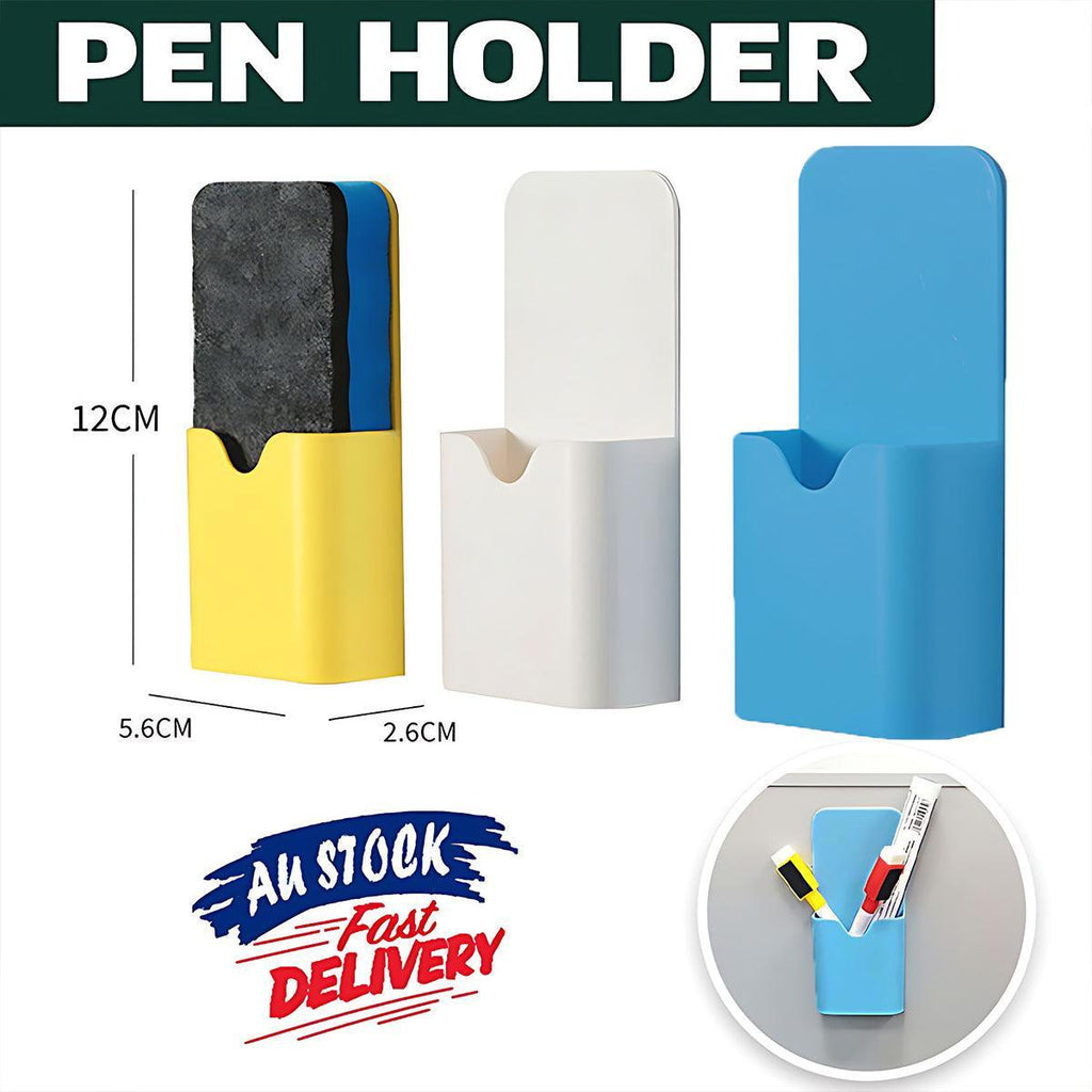 Magnetic pen holder box in durable plastic attached to a white refrigerator storing office supplies