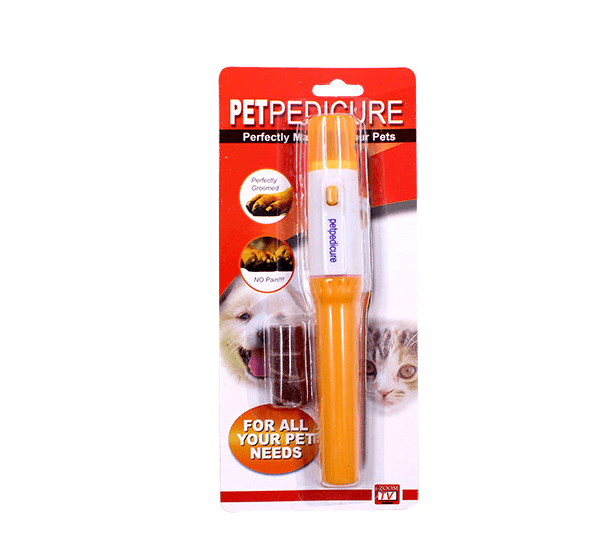 Yellow and white battery operated pet nail trimmer with three replaceable filing wheels — view 2