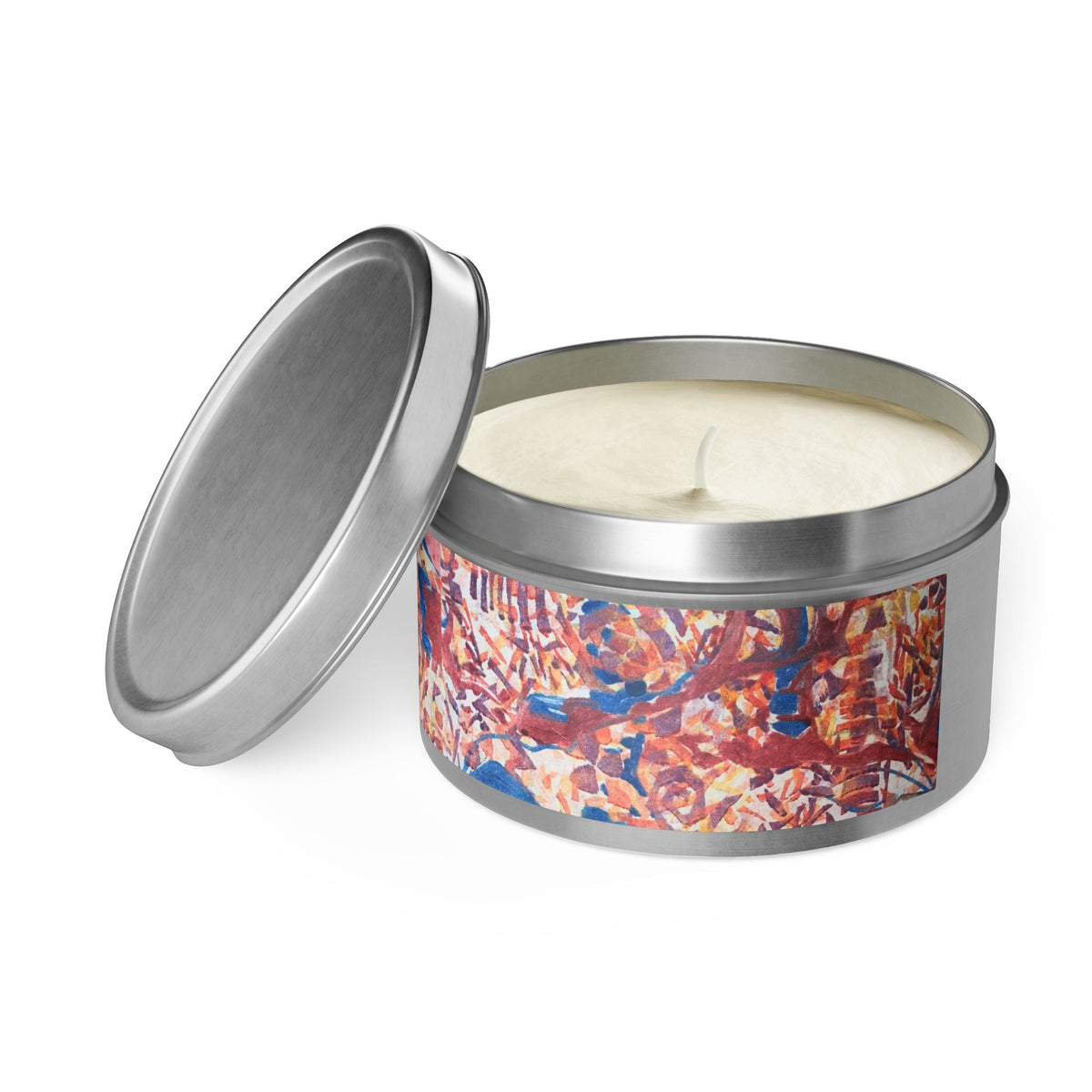8oz Eco-Friendly Scented or Unscented Soy Wax Tin Candle with 'Abstract Fusion' Abstract Artwork by American Artist Barbara Cleary-0