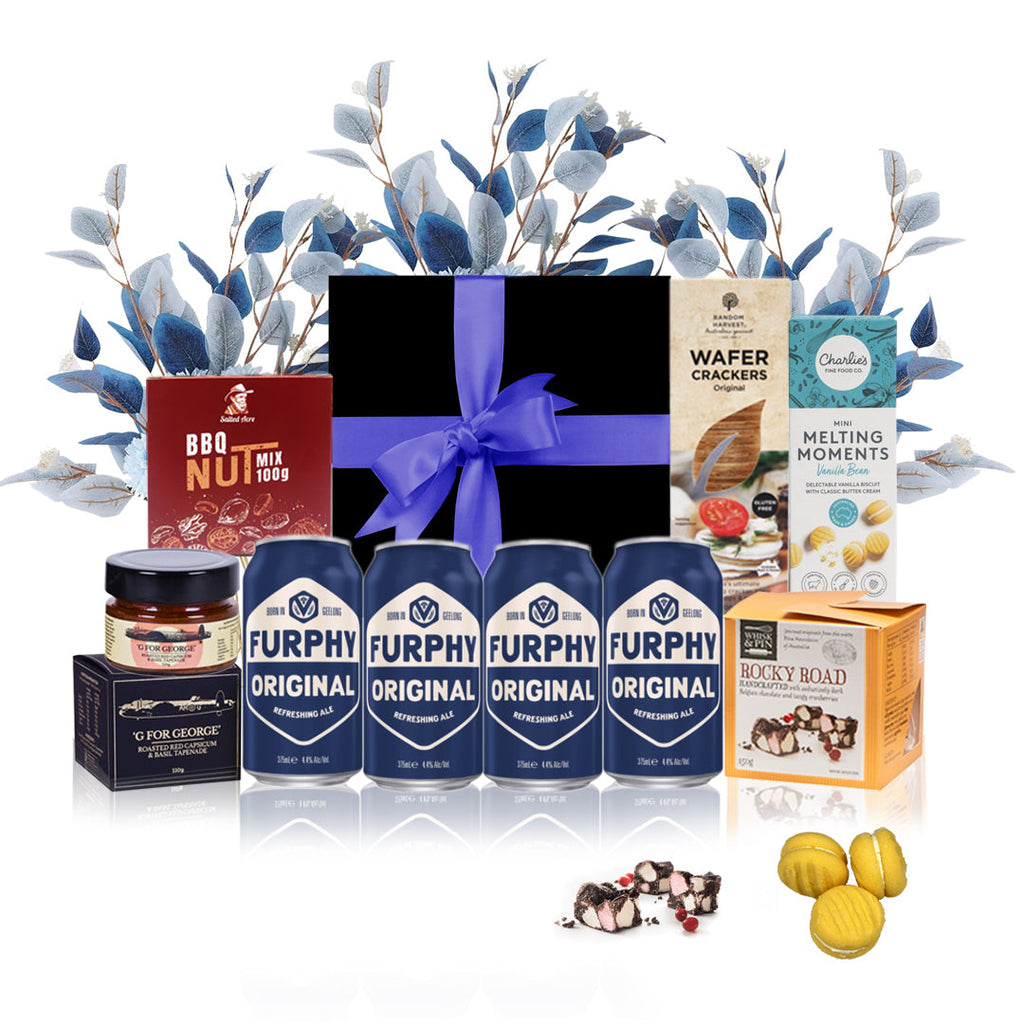 Father's Day beer and snack gift hamper in a black magnetic box with blue bow — view 2