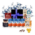 Father's Day beer and snack gift hamper in a black magnetic box with blue bow