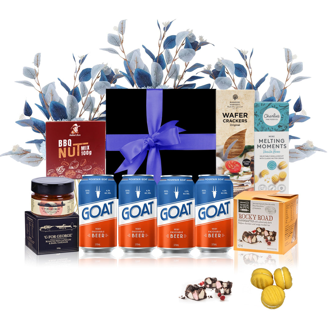 Father's Day beer and snack gift hamper in a black magnetic box with blue bow