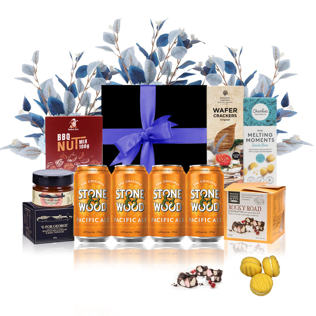 Father's Day beer and snack gift hamper in a black magnetic box with blue bow — view 3