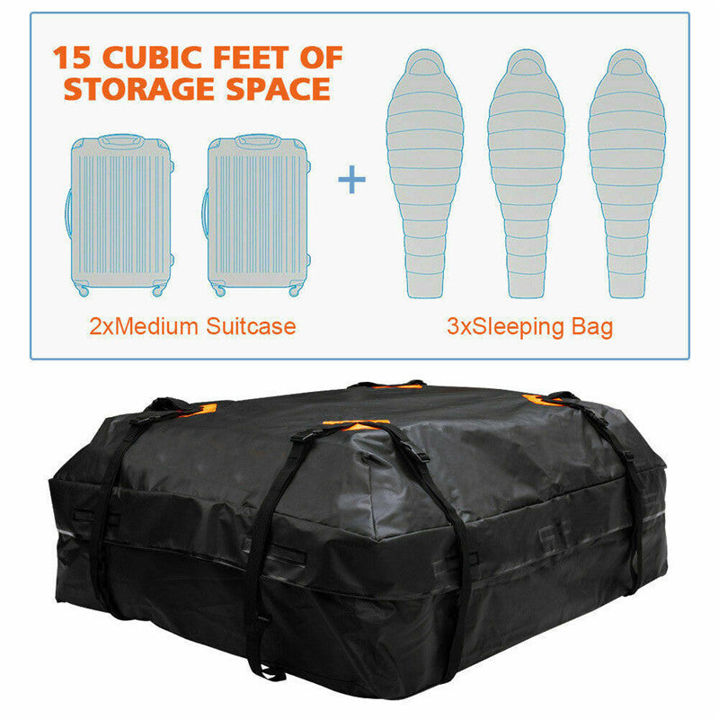 Waterproof ABS roof cargo box with orange trim, mounted securely on a vehicle roof rack — view 5