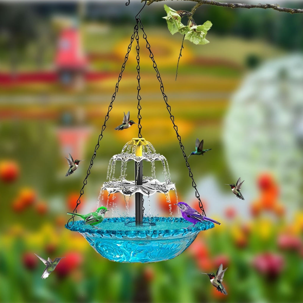 Solar hanging bird bath fountain with rust-resistant chains, flowing water, and spacious bowl for wild birds — view 2