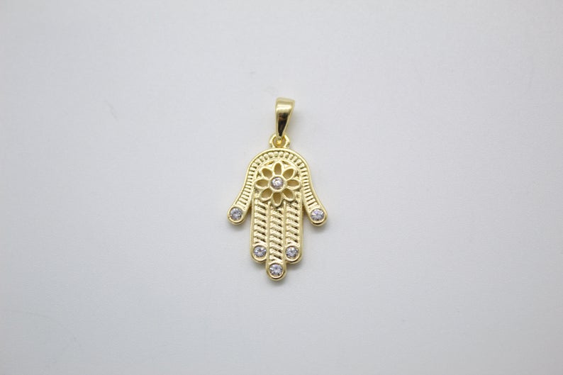 Dainty 18K gold-filled Hamsa hand pendant charm featuring intricate metallic details and rhodium accents