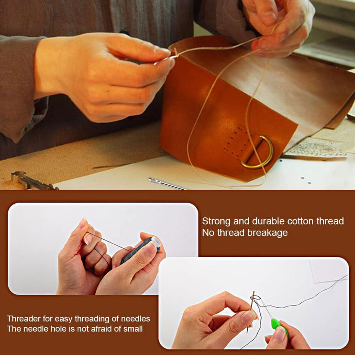 Hand sewing and leather craft kit featuring big eye needles, cotton thread spools, and wooden awls — view 5